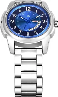 Silver Stainless Steel Blue Day  Date Dial Formal Men's Watch Analog Wrist Watch For Men-thumb2