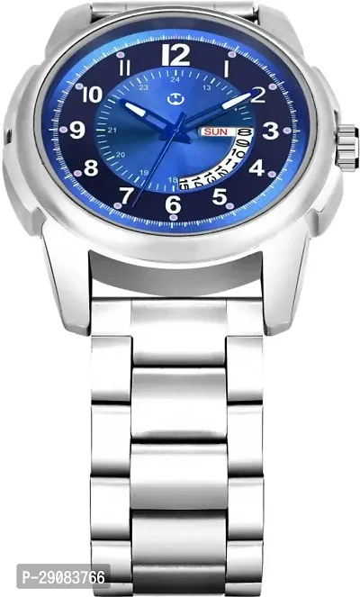 Silver Stainless Steel Blue Day  Date Dial Formal Men's Watch Analog Wrist Watch For Men-thumb3