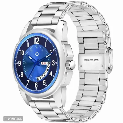 Silver Stainless Steel Blue Day  Date Dial Formal Men's Watch Analog Wrist Watch For Men-thumb5