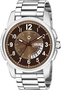 Silver Stainless Steel Brown Day  Date Dial Formal Men's Watch Analog Wrist Watch For Men-thumb2