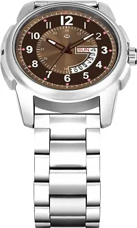 Silver Stainless Steel Brown Day  Date Dial Formal Men's Watch Analog Wrist Watch For Men-thumb1