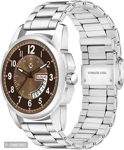 Silver Stainless Steel Brown Day  Date Dial Formal Men's Watch Analog Wrist Watch For Men-thumb4