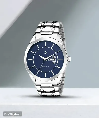 Silver Stainless Steel Blue Day  Date Dial Formal Men's Watch Analog Wrist Watch For Men