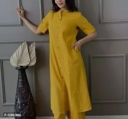 Stylish Yellow Cotton Blend Solid Kurta Bottom Set For Women