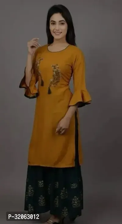 Stylish Yellow Rayon Embroidered Kurta Bottom Set For Women-thumb0