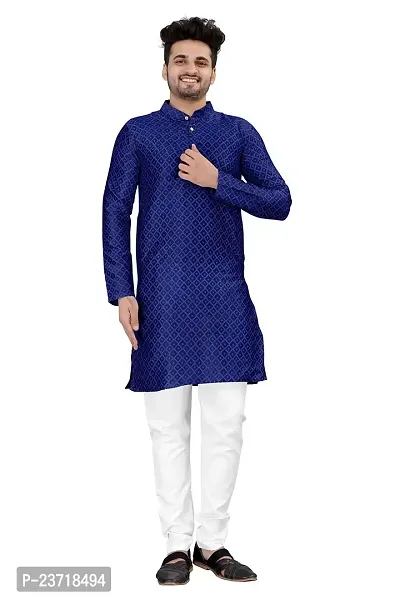 Angel Sales Men's Jacquard Straight Desginer Kurta for Festival Function Wear (Navy Blue) - 002