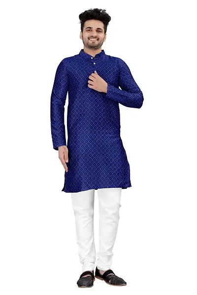 Angel Sales Men's Jacquard Straight Desginer Kurta for Festival Function Wear (Navy Blue) - 002