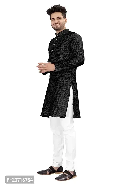 Angel Sales Men's Jacquard Straight Desginer Kurta for Festival Function Wear (Black) - 004-thumb2