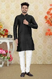 Angel Sales Men's Jacquard Straight Desginer Kurta for Festival Function Wear (Black) - 004-thumb4