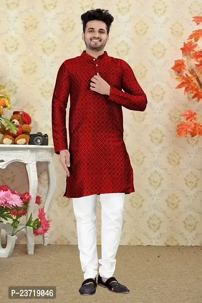 Angel Sales Men's Jacquard Straight Desginer Kurta for Festival Function Wear (Red) - 006-thumb5