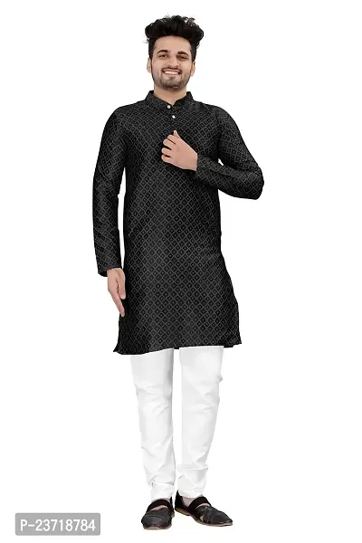 Angel Sales Men's Jacquard Straight Desginer Kurta for Festival Function Wear (Black) - 004-thumb0