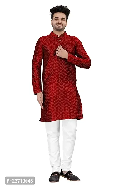 Angel Sales Men's Jacquard Straight Desginer Kurta for Festival Function Wear (Red) - 006-thumb0