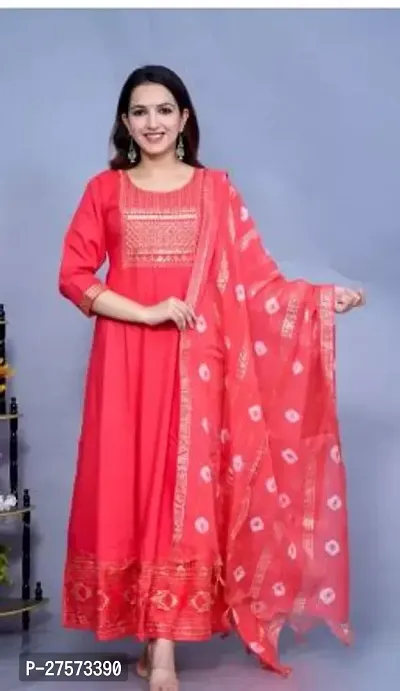 Stylish Red Rayon Kurta With Pant And Dupatta Set For Women