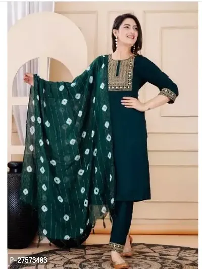 Stylish Green Rayon Kurta With Pant And Dupatta Set For Women-thumb0