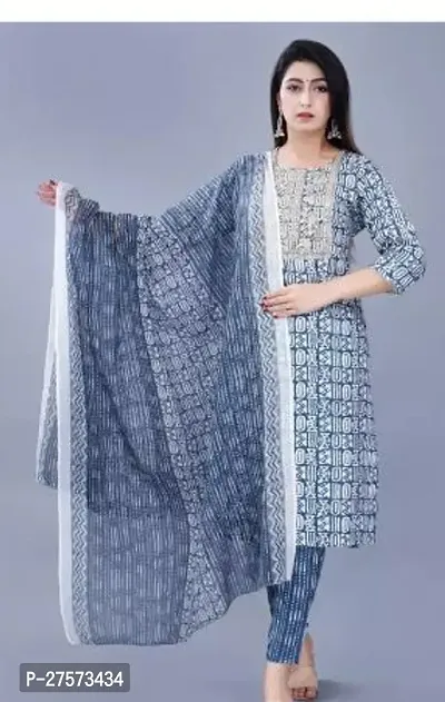 Stylish Blue Rayon Kurta With Pant And Dupatta Set For Women