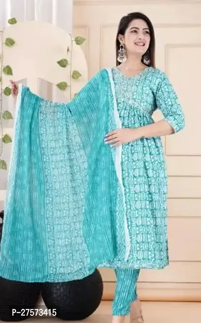 Stylish Blue Rayon Kurta With Pant And Dupatta Set For Women-thumb0