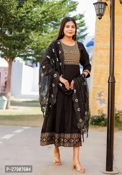 Stylish Anarkali Black Rayon Embroidered Kurta With Dupatta For Women