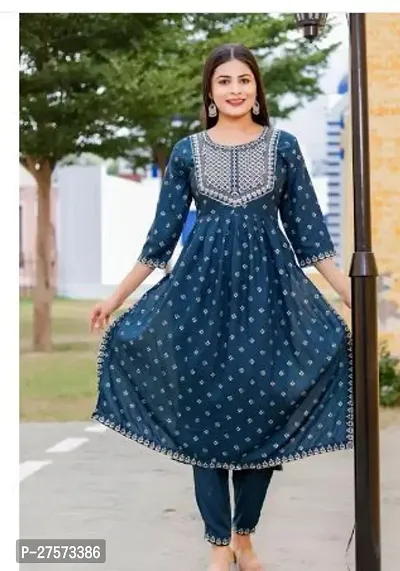 Stylish Blue Rayon Kurta With Pant Set For Women