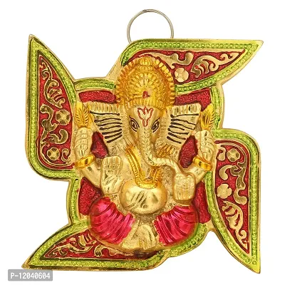 Trendy Crafts Metal Lord Ganesha on Swastik for Door Hanging with Colorful Meenakari Work Article Wall Hanging - 5 inches