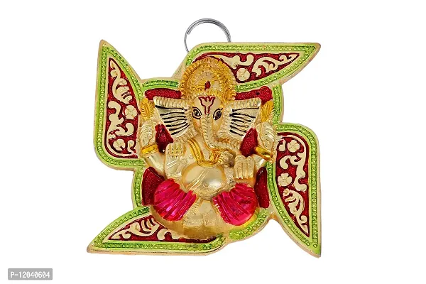 Trendy Crafts Metal Lord Ganesha on Swastik for Door Hanging with Colorful Meenakari Work Article Wall Hanging - 5 inches-thumb3