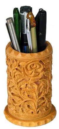 Trendy Crafts Wooden Hand Carved Pen Holder Display Stand(Carved Floral Leaf)-thumb1