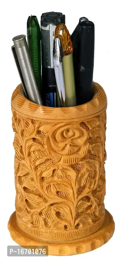 Trendy Crafts Wooden Hand Carved Pen Holder Display Stand(Carved Floral Leaf)-thumb2