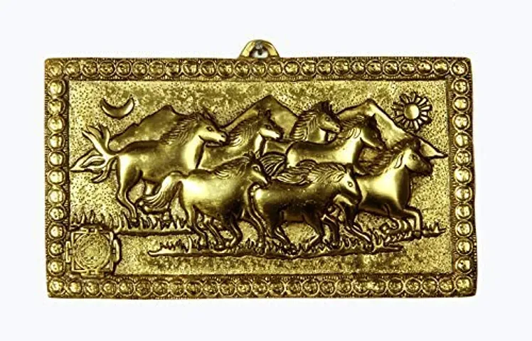 Trendy Crafts Metal 7 Horses Auspicious Wall Hanging Decor for Office Home Decor Gift for Wealth Golden