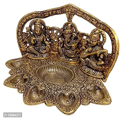 Trendy Crafts Metal Handmade Laxmi Ganesh Saraswati Idol Pooja Puja Thali for Worship Home Decor (Golden, 9 X 6 X 5 Inches)