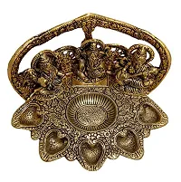 Trendy Crafts Metal Handmade Laxmi Ganesh Saraswati Idol Pooja Puja Thali for Worship Home Decor (Golden, 9 X 6 X 5 Inches)-thumb1