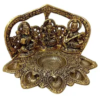 Trendy Crafts Metal Handmade Laxmi Ganesh Saraswati Idol Pooja Puja Thali for Worship Home Decor (Golden, 9 X 6 X 5 Inches)-thumb2