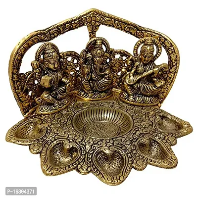 Trendy Crafts Metal Handmade Laxmi Ganesh Saraswati Idol Pooja Puja Thali for Worship Home Decor (Golden, 9 X 6 X 5 Inches)-thumb3