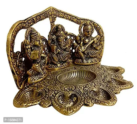 Trendy Crafts Metal Handmade Laxmi Ganesh Saraswati Idol Pooja Puja Thali for Worship Home Decor (Golden, 9 X 6 X 5 Inches)-thumb5