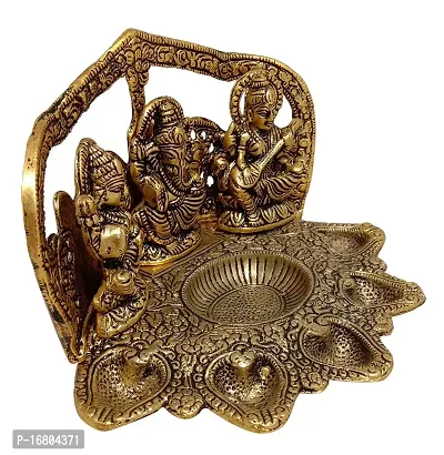 Trendy Crafts Metal Handmade Laxmi Ganesh Saraswati Idol Pooja Puja Thali for Worship Home Decor (Golden, 9 X 6 X 5 Inches)-thumb4