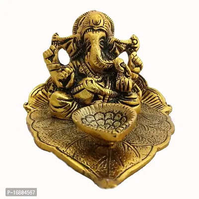 Trendy Crafts Metal Ganesh Idol with Diya, 11 X 9.5 X 7 cms, Gold-thumb3