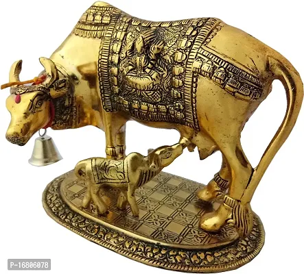 Trendy Crafts Handcrafted Metal Cow with Calf Idol Showpiece for Home Decor (Golden, 20 X 14 X 17 cm)-thumb0