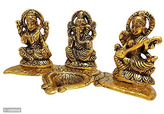 Trendy Crafts Metal Crafts Laxmi Ganesh Saraswati Idol Decorative Platter With Diya Antique Showpiece Set, 20 X 11 X 10cm, Multicolour, 3 Piece-thumb0