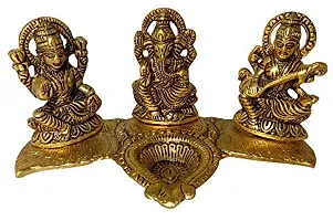 Trendy Crafts Metal Crafts Laxmi Ganesh Saraswati Idol Decorative Platter With Diya Antique Showpiece Set, 20 X 11 X 10cm, Multicolour, 3 Piece-thumb3