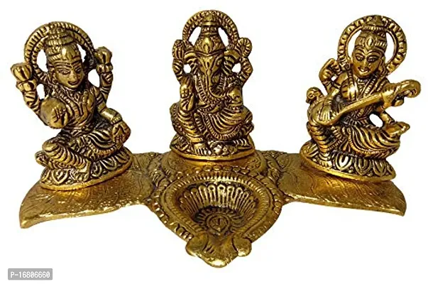 Trendy Crafts Metal Crafts Laxmi Ganesh Saraswati Idol Decorative Platter With Diya Antique Showpiece Set, 20 X 11 X 10cm, Multicolour, 3 Piece-thumb4