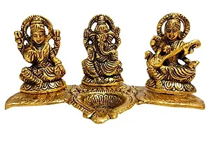 Trendy Crafts Metal Crafts Laxmi Ganesh Saraswati Idol Decorative Platter With Diya Antique Showpiece Set, 20 X 11 X 10cm, Multicolour, 3 Piece-thumb4