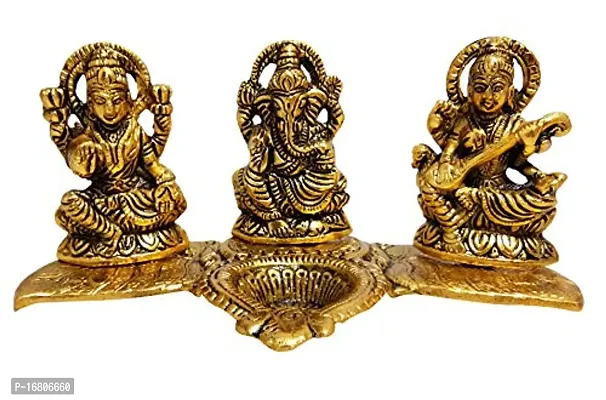 Trendy Crafts Metal Crafts Laxmi Ganesh Saraswati Idol Decorative Platter With Diya Antique Showpiece Set, 20 X 11 X 10cm, Multicolour, 3 Piece-thumb5