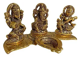 Trendy Crafts Metal Crafts Laxmi Ganesh Saraswati Idol Decorative Platter With Diya Antique Showpiece Set, 20 X 11 X 10cm, Multicolour, 3 Piece-thumb1