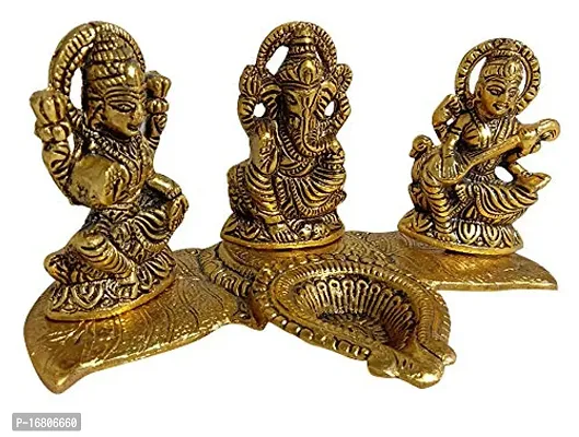 Trendy Crafts Metal Crafts Laxmi Ganesh Saraswati Idol Decorative Platter With Diya Antique Showpiece Set, 20 X 11 X 10cm, Multicolour, 3 Piece-thumb2