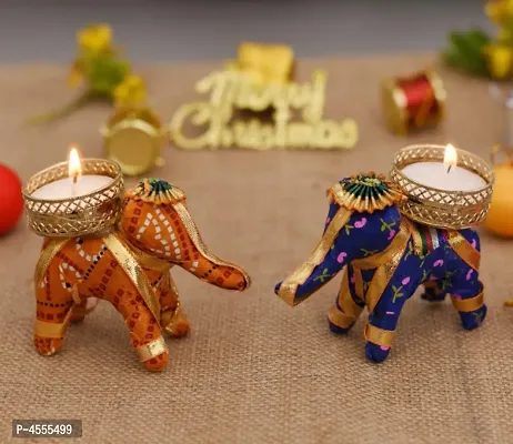 Set of 2 - Velvet Elephant Metallic Tealight Candle Holder for Diwali | Home Decoration | Puja Articles Decor | Gifts TeaLight Candle