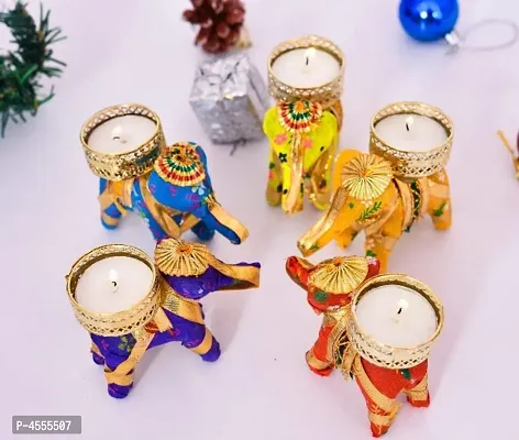 Set of 6 - Velvet Elephant Metallic Tealight Candle Holder for Diwali | Home Decoration | Puja Articles Decor | Gifts TeaLight Candle-thumb0