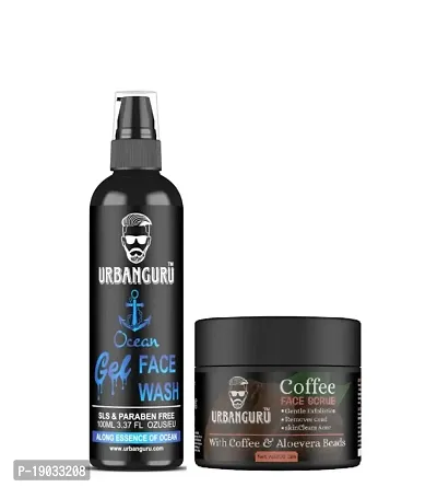 URBANGURU  Mans Refreshing Ocean Gel Face Wash Fights Acne  Pimple, Skin Whitening  Brightening - 100 ml  Coffee And Aloevera Beads Face Scrub 100gm Paraben Free  Sulphate