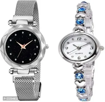 Stylish Silver Metal Analog Watches For Women- Pack Of 2