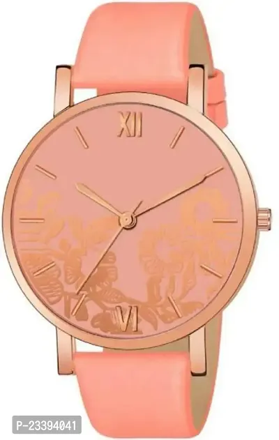 Stylish Peach Synthetic Leather Analog Watches For Women