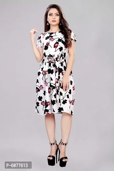 Elegant American Crepe Printed Stitched Western Dress with Belt For Women-thumb0