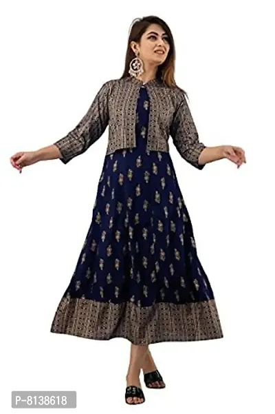 RUBIA TEXTILE Women Rayon Stylish Kurta with Stylish Jacket, Festive and Causal (XXX-Large, Blue)