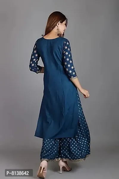 RUBIA TEXTILE Beautifull Golden Print Kurta Palazzo Set for Womens (Small, Teal Blue)-thumb2